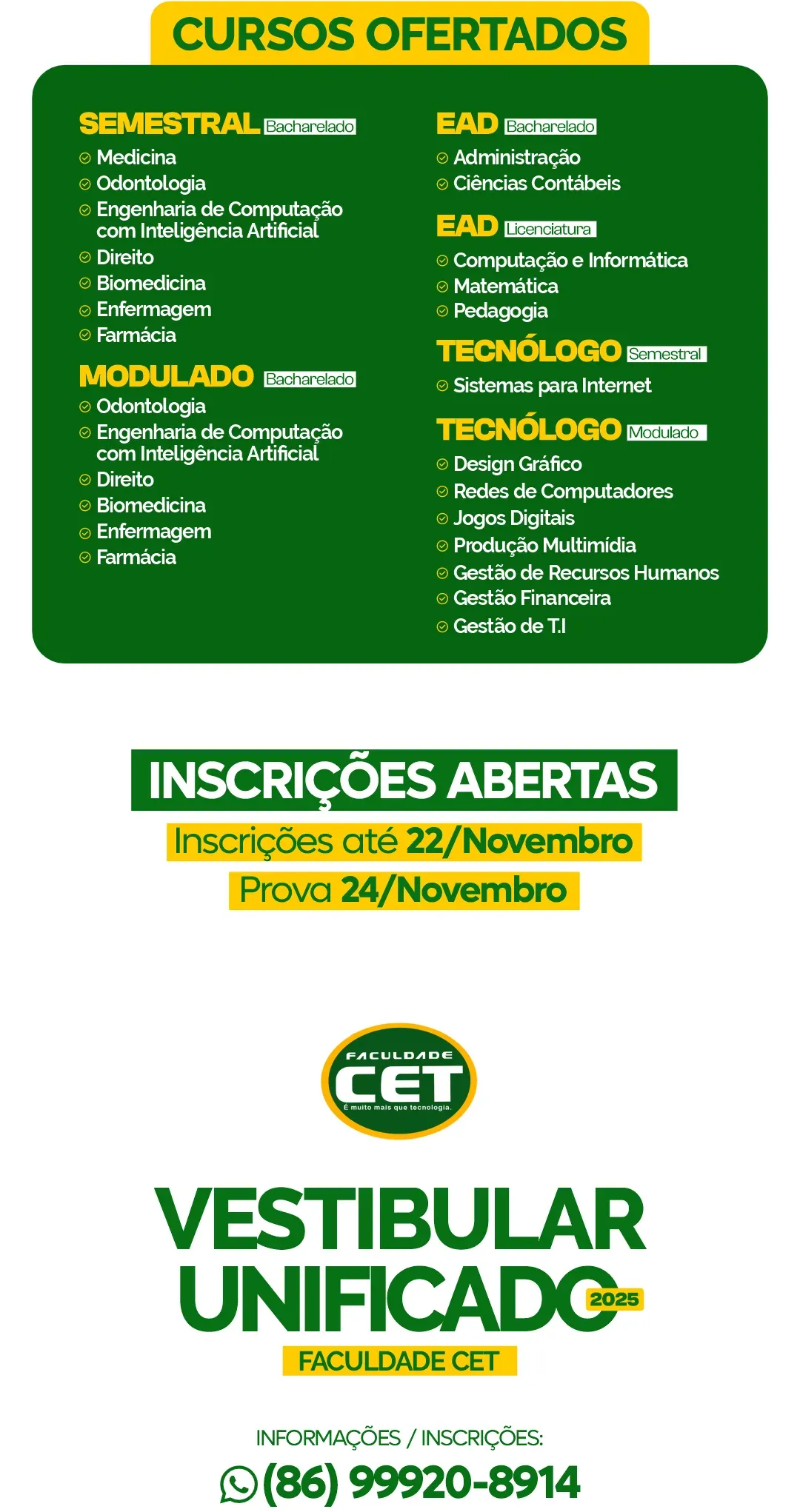 cursos ofertados vestibular unificado 2025.1